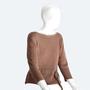 Ramie coffee 3/4 sleeve top, faux tie detail at waist sweater western